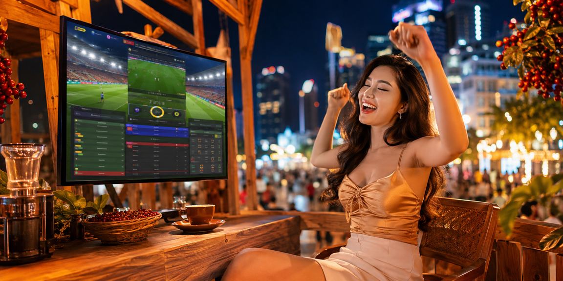Người dùng xem kèo thể thao tại quán cà phê Thành phố Hồ Chí Minh với điện thoại và màn hình trực tiếp