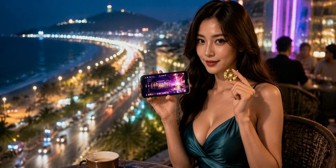 Người dùng áp dụng voucher casino trên điện thoại tại quán cà phê Vũng Tàu